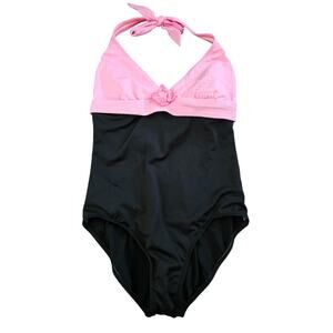 Vintage 1990s Liz Claiborne Womens Sz 14 One Piece Swimsuit Pink Black Halter
